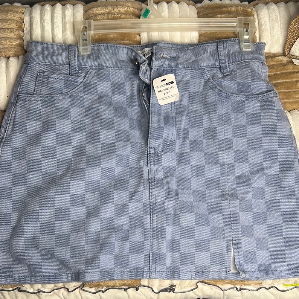 Fashion Nova Blue Checkered Denim Skirt
